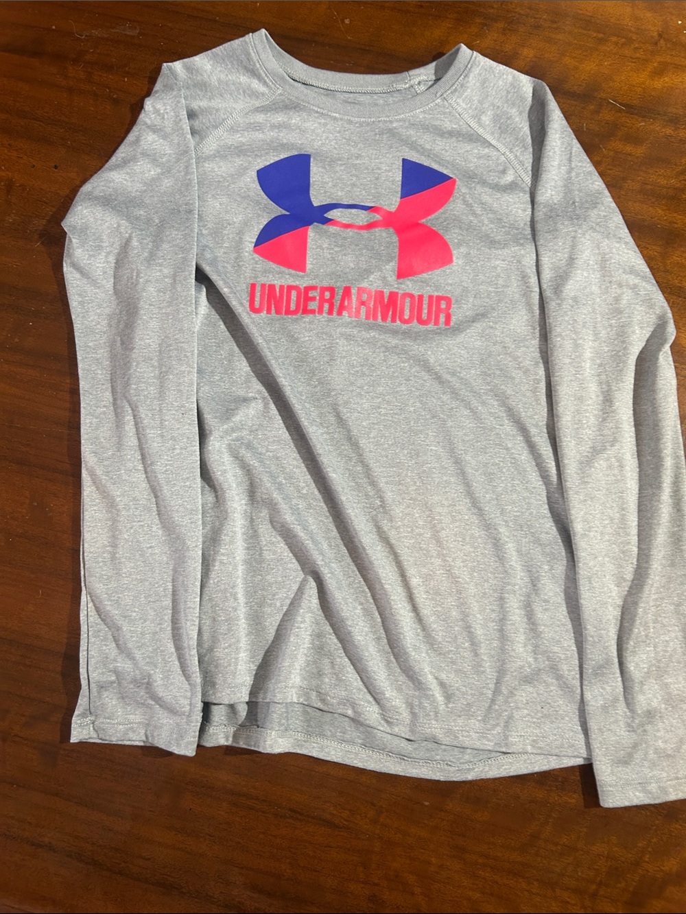 Under Armour Kids' Light Gray Long Sleeve Tee with Pink & Blue Logo